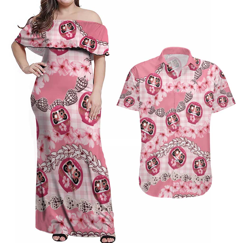 Japanese Daruma Doll Palaka Couples Matching Off Shoulder Maxi Dress and Hawaiian Shirt Cherry Blossoms With Shell Lei - Wonder Print Shop