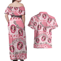 Japanese Daruma Doll Palaka Couples Matching Off Shoulder Maxi Dress and Hawaiian Shirt Cherry Blossoms With Shell Lei - Wonder Print Shop