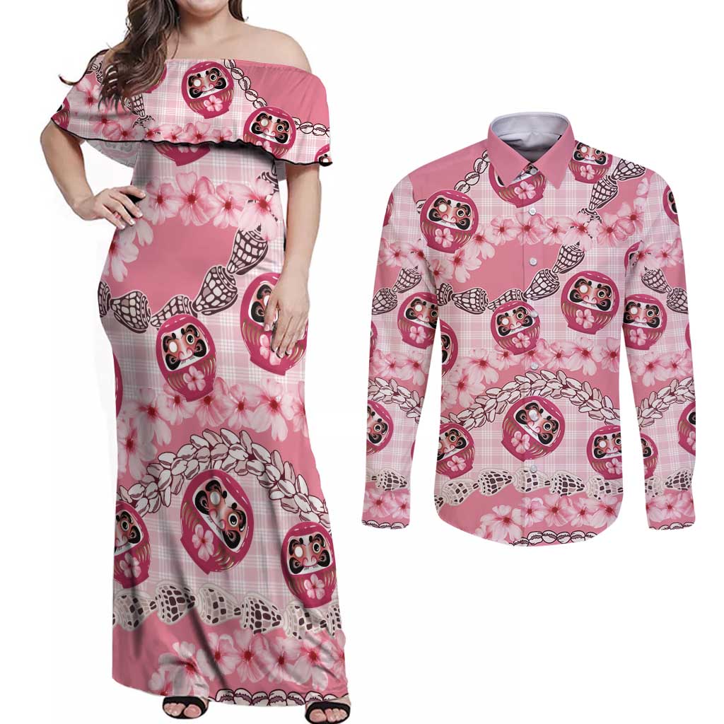 Japanese Daruma Doll Palaka Couples Matching Off Shoulder Maxi Dress and Long Sleeve Button Shirt Cherry Blossoms With Shell Lei - Wonder Print Shop