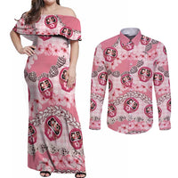 Japanese Daruma Doll Palaka Couples Matching Off Shoulder Maxi Dress and Long Sleeve Button Shirt Cherry Blossoms With Shell Lei - Wonder Print Shop
