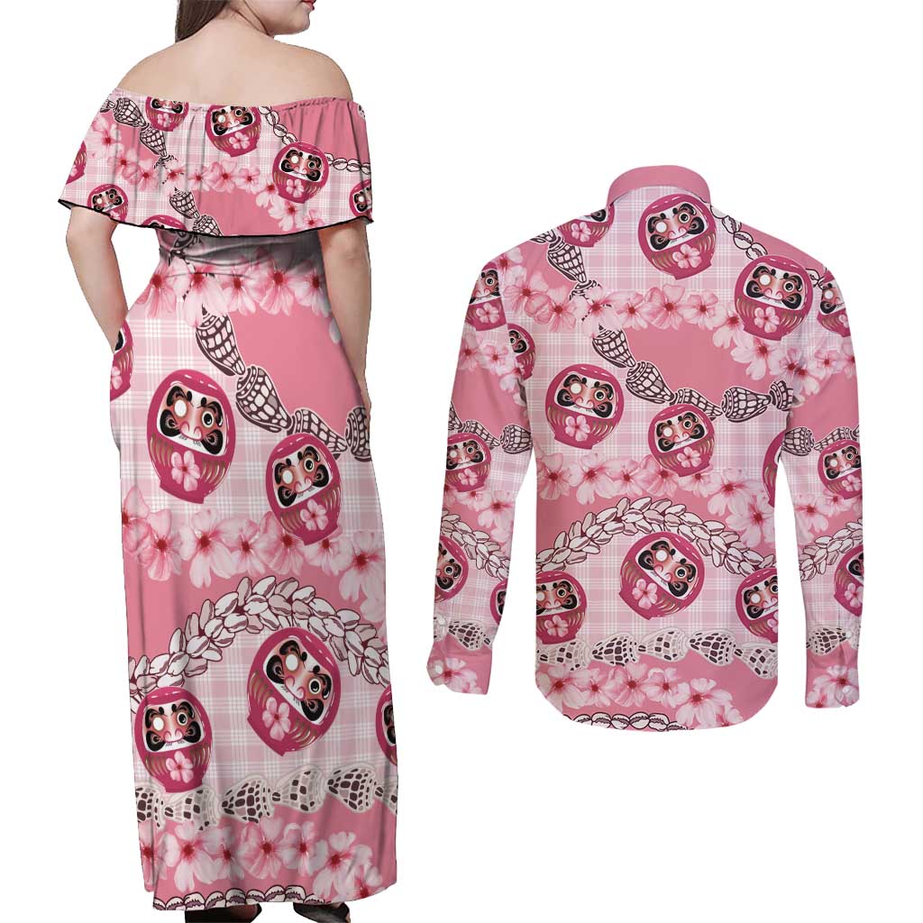 Japanese Daruma Doll Palaka Couples Matching Off Shoulder Maxi Dress and Long Sleeve Button Shirt Cherry Blossoms With Shell Lei - Wonder Print Shop