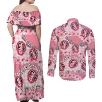 Japanese Daruma Doll Palaka Couples Matching Off Shoulder Maxi Dress and Long Sleeve Button Shirt Cherry Blossoms With Shell Lei - Wonder Print Shop