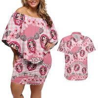 Japanese Daruma Doll Palaka Couples Matching Off Shoulder Short Dress and Hawaiian Shirt Cherry Blossoms With Shell Lei - Wonder Print Shop