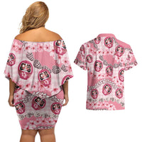 Japanese Daruma Doll Palaka Couples Matching Off Shoulder Short Dress and Hawaiian Shirt Cherry Blossoms With Shell Lei - Wonder Print Shop