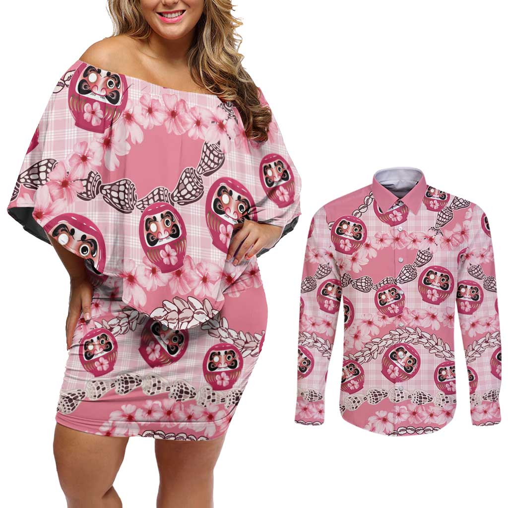 Japanese Daruma Doll Palaka Couples Matching Off Shoulder Short Dress and Long Sleeve Button Shirt Cherry Blossoms With Shell Lei - Wonder Print Shop