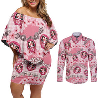 Japanese Daruma Doll Palaka Couples Matching Off Shoulder Short Dress and Long Sleeve Button Shirt Cherry Blossoms With Shell Lei - Wonder Print Shop