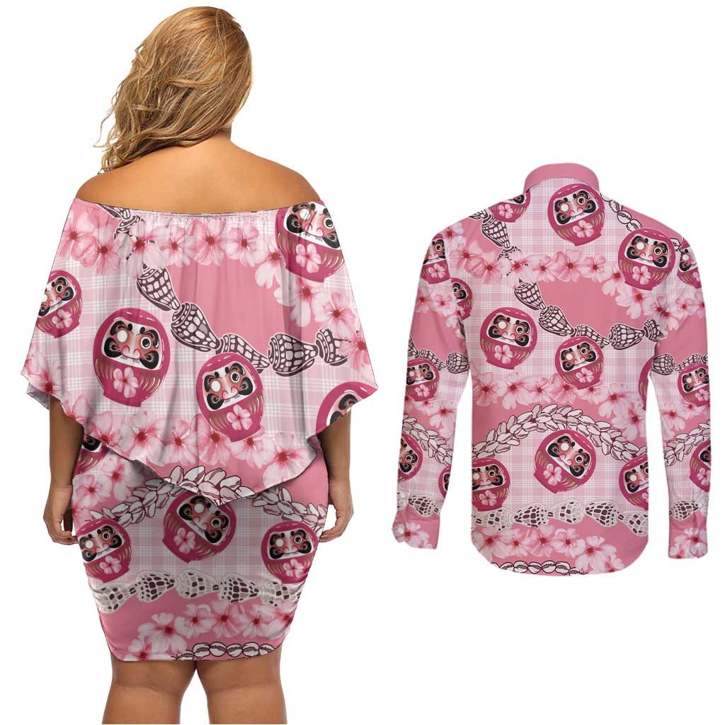 Japanese Daruma Doll Palaka Couples Matching Off Shoulder Short Dress and Long Sleeve Button Shirt Cherry Blossoms With Shell Lei - Wonder Print Shop