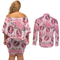 Japanese Daruma Doll Palaka Couples Matching Off Shoulder Short Dress and Long Sleeve Button Shirt Cherry Blossoms With Shell Lei - Wonder Print Shop
