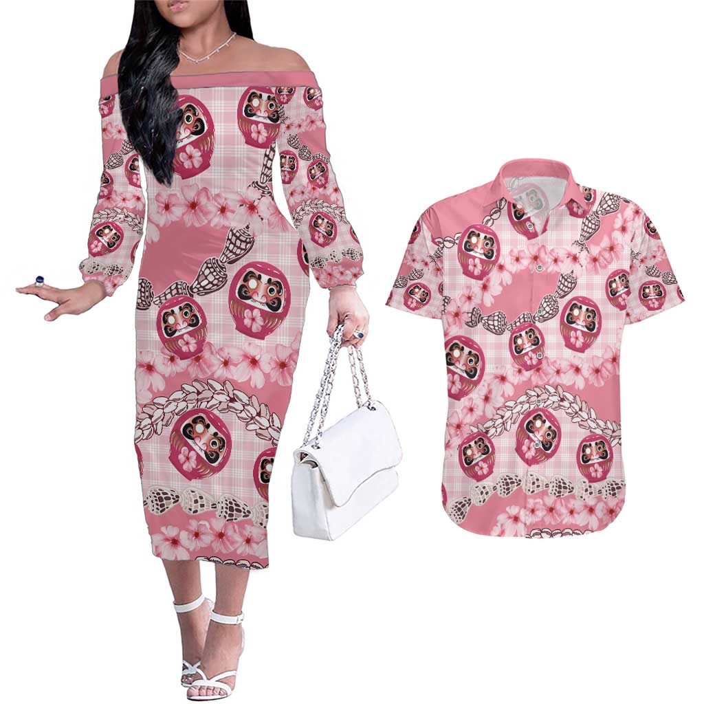 Japanese Daruma Doll Palaka Couples Matching Off The Shoulder Long Sleeve Dress and Hawaiian Shirt Cherry Blossoms With Shell Lei - Wonder Print Shop