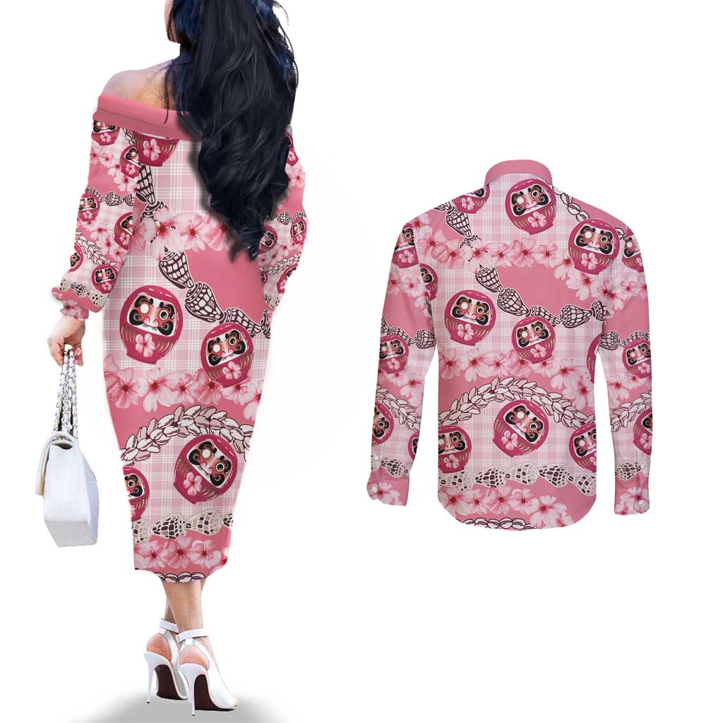Japanese Daruma Doll Palaka Couples Matching Off The Shoulder Long Sleeve Dress and Long Sleeve Button Shirt Cherry Blossoms With Shell Lei - Wonder Print Shop