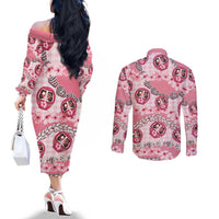 Japanese Daruma Doll Palaka Couples Matching Off The Shoulder Long Sleeve Dress and Long Sleeve Button Shirt Cherry Blossoms With Shell Lei - Wonder Print Shop