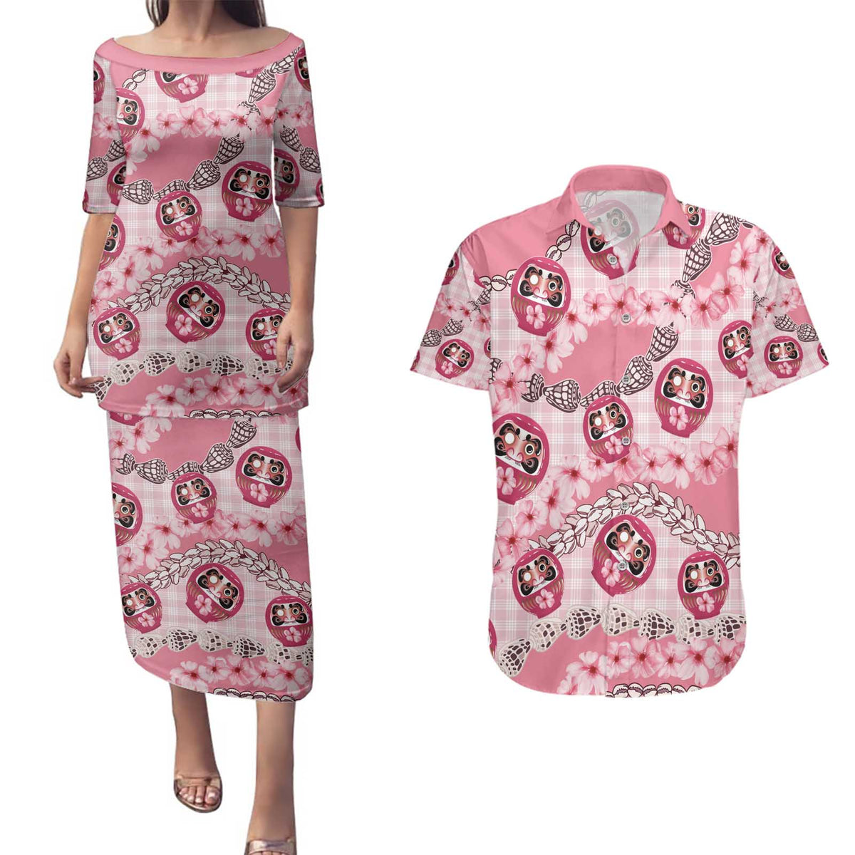 Japanese Daruma Doll Palaka Couples Matching Puletasi and Hawaiian Shirt Cherry Blossoms With Shell Lei - Wonder Print Shop