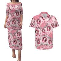Japanese Daruma Doll Palaka Couples Matching Puletasi and Hawaiian Shirt Cherry Blossoms With Shell Lei - Wonder Print Shop