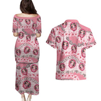 Japanese Daruma Doll Palaka Couples Matching Puletasi and Hawaiian Shirt Cherry Blossoms With Shell Lei - Wonder Print Shop