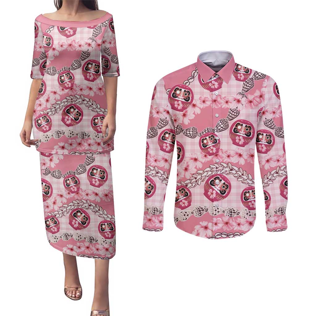 Japanese Daruma Doll Palaka Couples Matching Puletasi and Long Sleeve Button Shirt Cherry Blossoms With Shell Lei - Wonder Print Shop