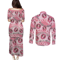 Japanese Daruma Doll Palaka Couples Matching Puletasi and Long Sleeve Button Shirt Cherry Blossoms With Shell Lei - Wonder Print Shop