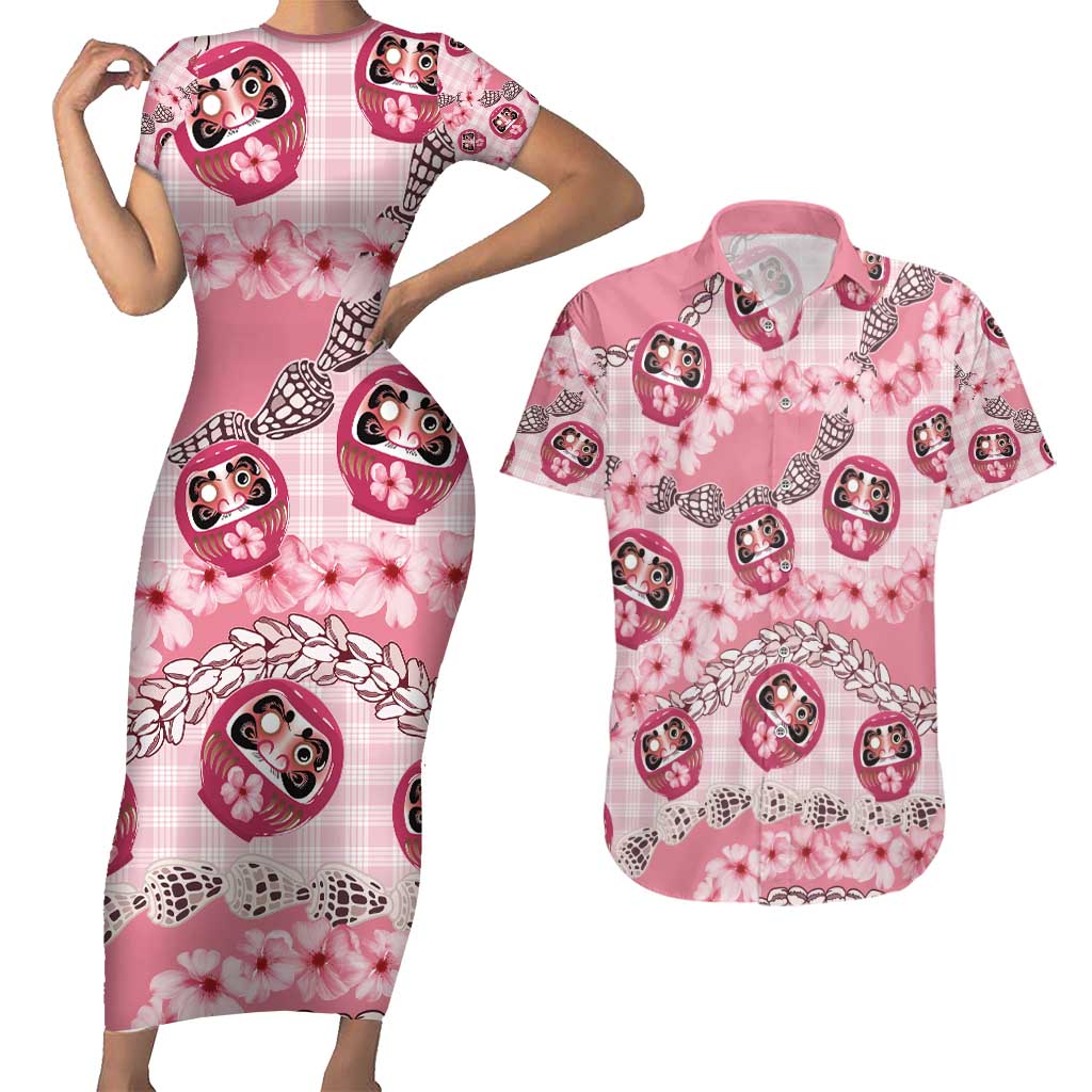 Japanese Daruma Doll Palaka Couples Matching Short Sleeve Bodycon Dress and Hawaiian Shirt Cherry Blossoms With Shell Lei - Wonder Print Shop