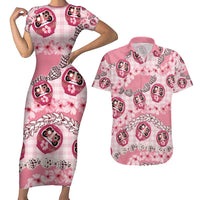 Japanese Daruma Doll Palaka Couples Matching Short Sleeve Bodycon Dress and Hawaiian Shirt Cherry Blossoms With Shell Lei - Wonder Print Shop