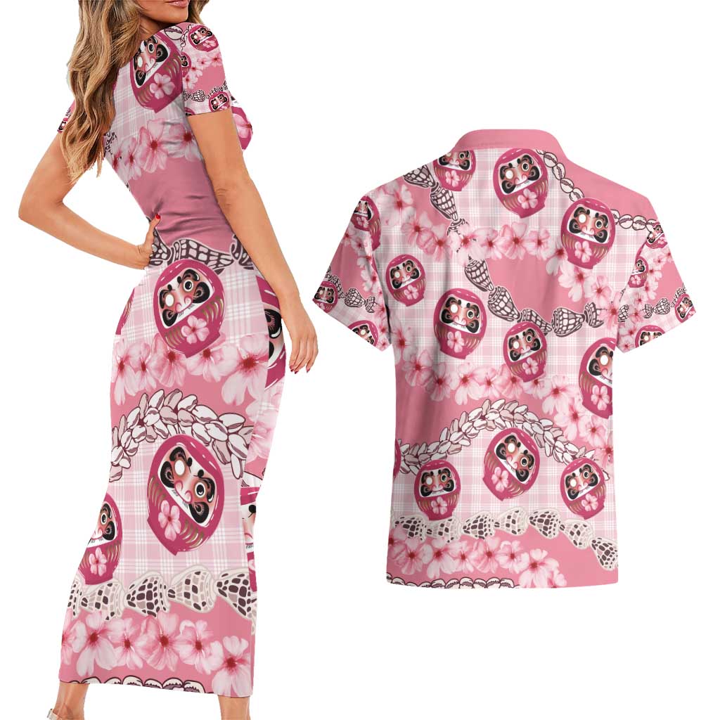 Japanese Daruma Doll Palaka Couples Matching Short Sleeve Bodycon Dress and Hawaiian Shirt Cherry Blossoms With Shell Lei - Wonder Print Shop