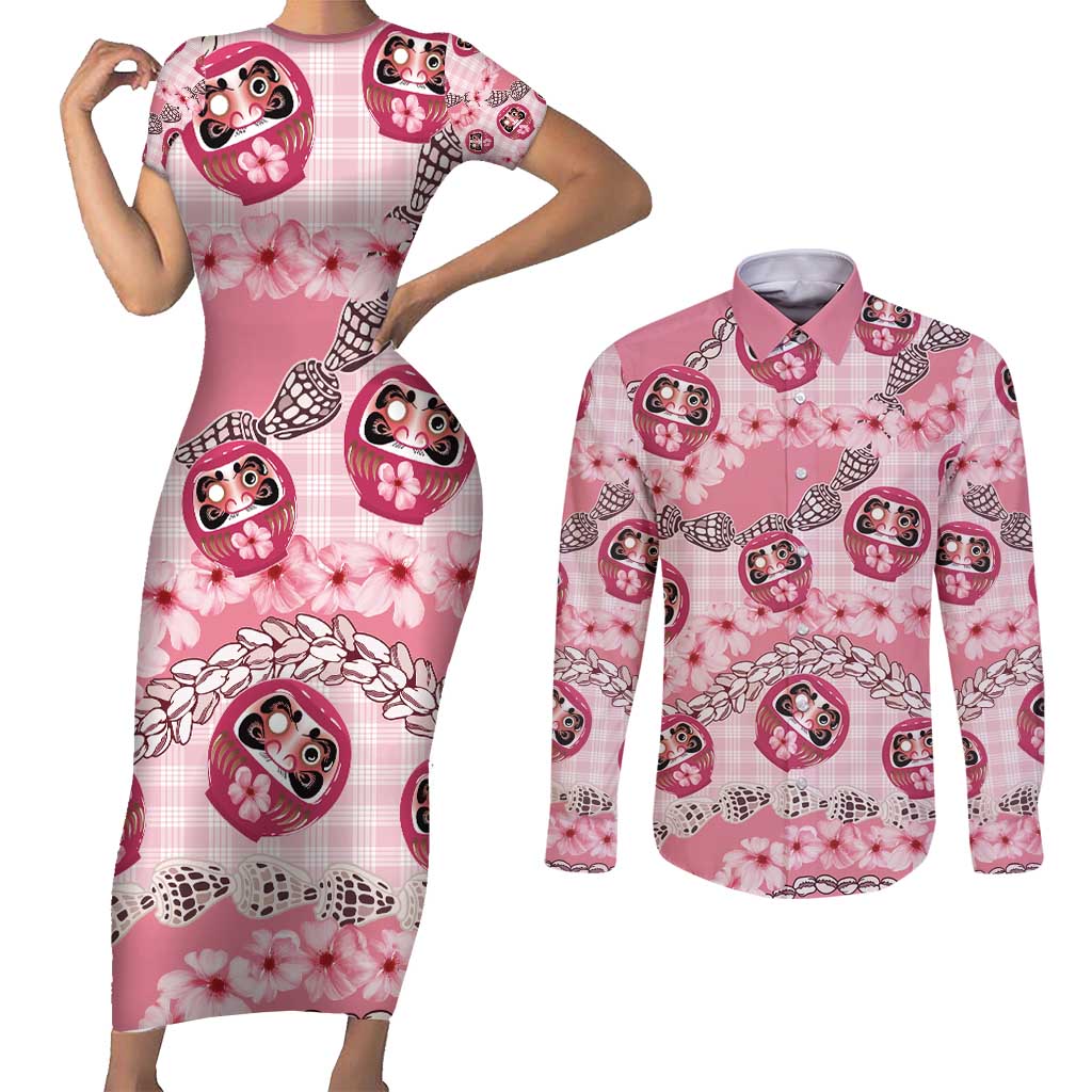 Japanese Daruma Doll Palaka Couples Matching Short Sleeve Bodycon Dress and Long Sleeve Button Shirt Cherry Blossoms With Shell Lei - Wonder Print Shop