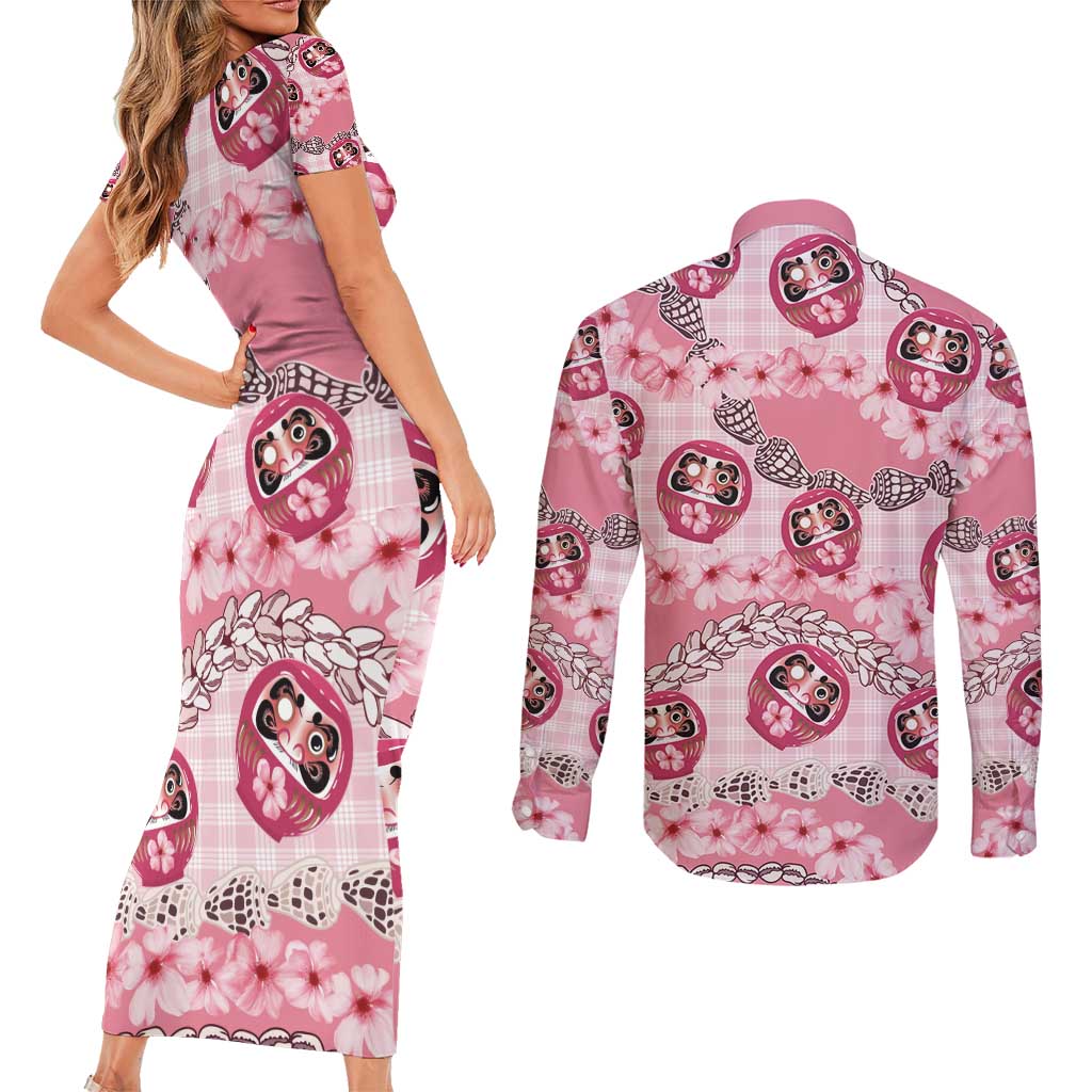 Japanese Daruma Doll Palaka Couples Matching Short Sleeve Bodycon Dress and Long Sleeve Button Shirt Cherry Blossoms With Shell Lei - Wonder Print Shop