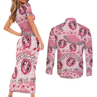 Japanese Daruma Doll Palaka Couples Matching Short Sleeve Bodycon Dress and Long Sleeve Button Shirt Cherry Blossoms With Shell Lei - Wonder Print Shop