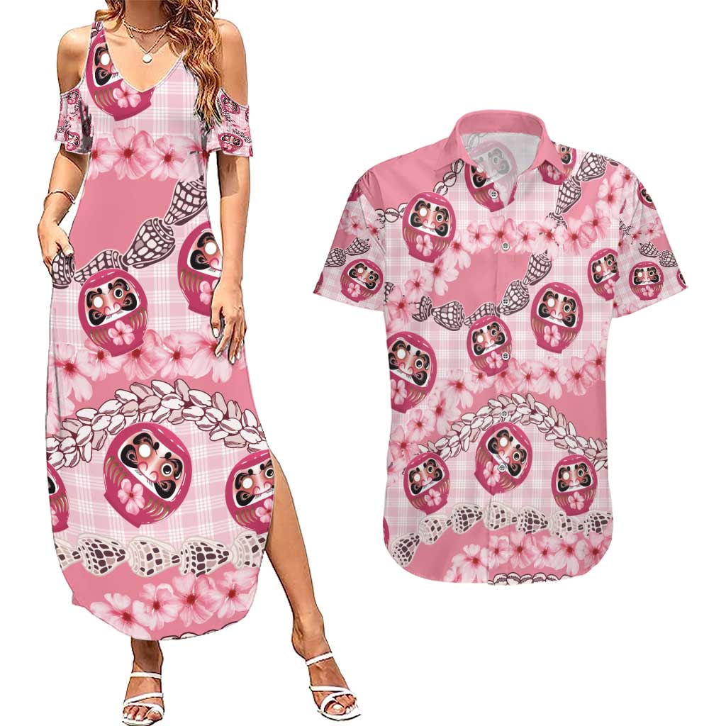 Japanese Daruma Doll Palaka Couples Matching Summer Maxi Dress and Hawaiian Shirt Cherry Blossoms With Shell Lei - Wonder Print Shop