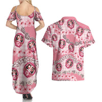 Japanese Daruma Doll Palaka Couples Matching Summer Maxi Dress and Hawaiian Shirt Cherry Blossoms With Shell Lei - Wonder Print Shop
