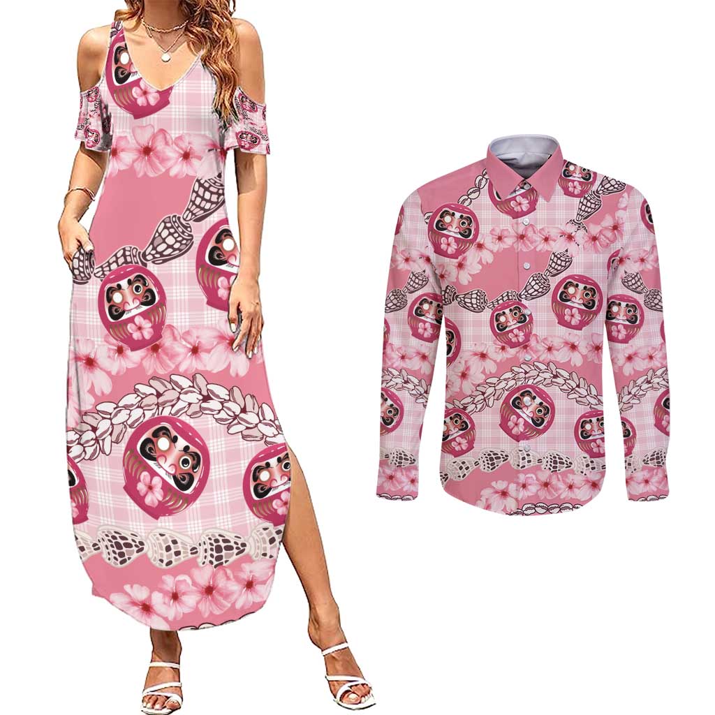 Japanese Daruma Doll Palaka Couples Matching Summer Maxi Dress and Long Sleeve Button Shirt Cherry Blossoms With Shell Lei - Wonder Print Shop