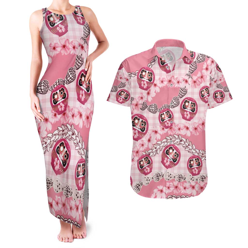 Japanese Daruma Doll Palaka Couples Matching Tank Maxi Dress and Hawaiian Shirt Cherry Blossoms With Shell Lei - Wonder Print Shop