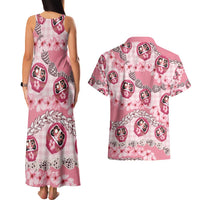 Japanese Daruma Doll Palaka Couples Matching Tank Maxi Dress and Hawaiian Shirt Cherry Blossoms With Shell Lei - Wonder Print Shop