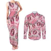 Japanese Daruma Doll Palaka Couples Matching Tank Maxi Dress and Long Sleeve Button Shirt Cherry Blossoms With Shell Lei - Wonder Print Shop