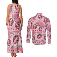 Japanese Daruma Doll Palaka Couples Matching Tank Maxi Dress and Long Sleeve Button Shirt Cherry Blossoms With Shell Lei - Wonder Print Shop