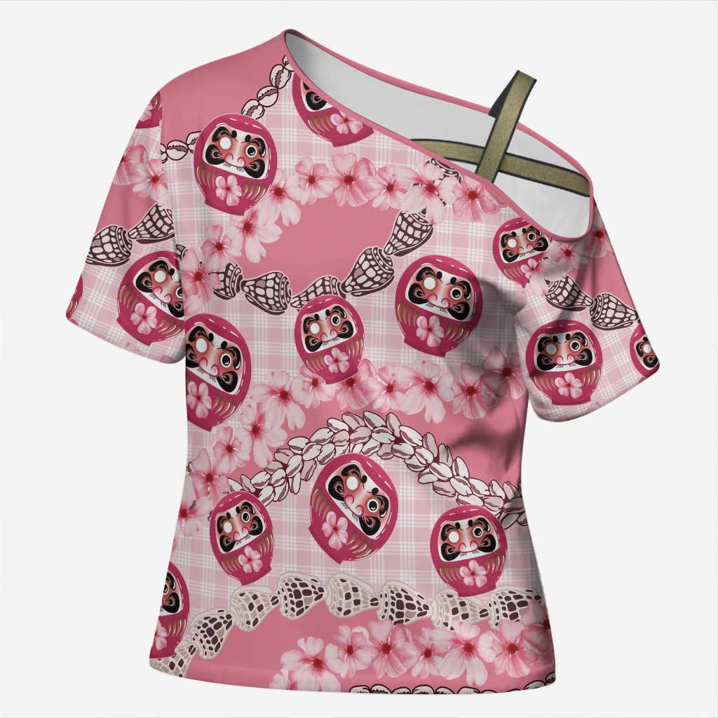 Japanese Daruma Doll Palaka Cross Shoulder Shirt Cherry Blossoms With Shell Lei - Wonder Print Shop