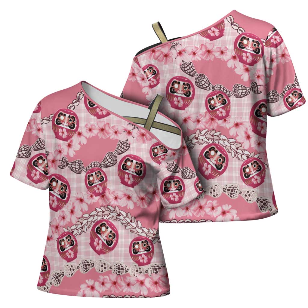 Japanese Daruma Doll Palaka Cross Shoulder Shirt Cherry Blossoms With Shell Lei - Wonder Print Shop