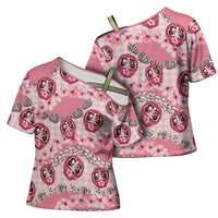 Japanese Daruma Doll Palaka Cross Shoulder Shirt Cherry Blossoms With Shell Lei - Wonder Print Shop