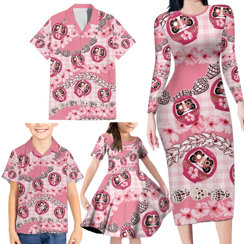 Japanese Daruma Doll Palaka Family Matching Long Sleeve Bodycon Dress and Hawaiian Shirt Cherry Blossoms With Shell Lei - Wonder Print Shop