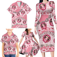 Japanese Daruma Doll Palaka Family Matching Long Sleeve Bodycon Dress and Hawaiian Shirt Cherry Blossoms With Shell Lei - Wonder Print Shop