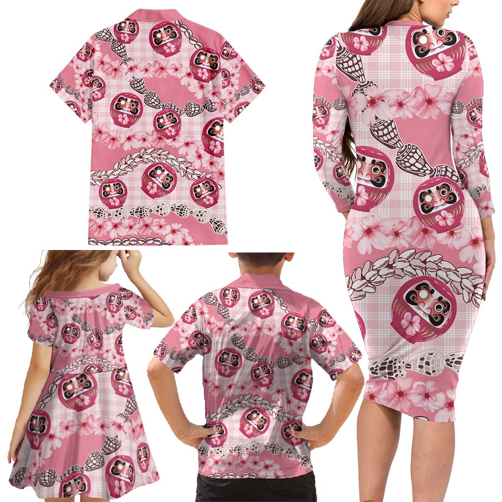 Japanese Daruma Doll Palaka Family Matching Long Sleeve Bodycon Dress and Hawaiian Shirt Cherry Blossoms With Shell Lei - Wonder Print Shop