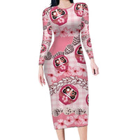 Japanese Daruma Doll Palaka Family Matching Long Sleeve Bodycon Dress and Hawaiian Shirt Cherry Blossoms With Shell Lei - Wonder Print Shop