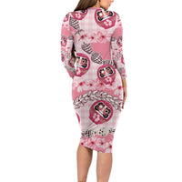 Japanese Daruma Doll Palaka Family Matching Long Sleeve Bodycon Dress and Hawaiian Shirt Cherry Blossoms With Shell Lei - Wonder Print Shop