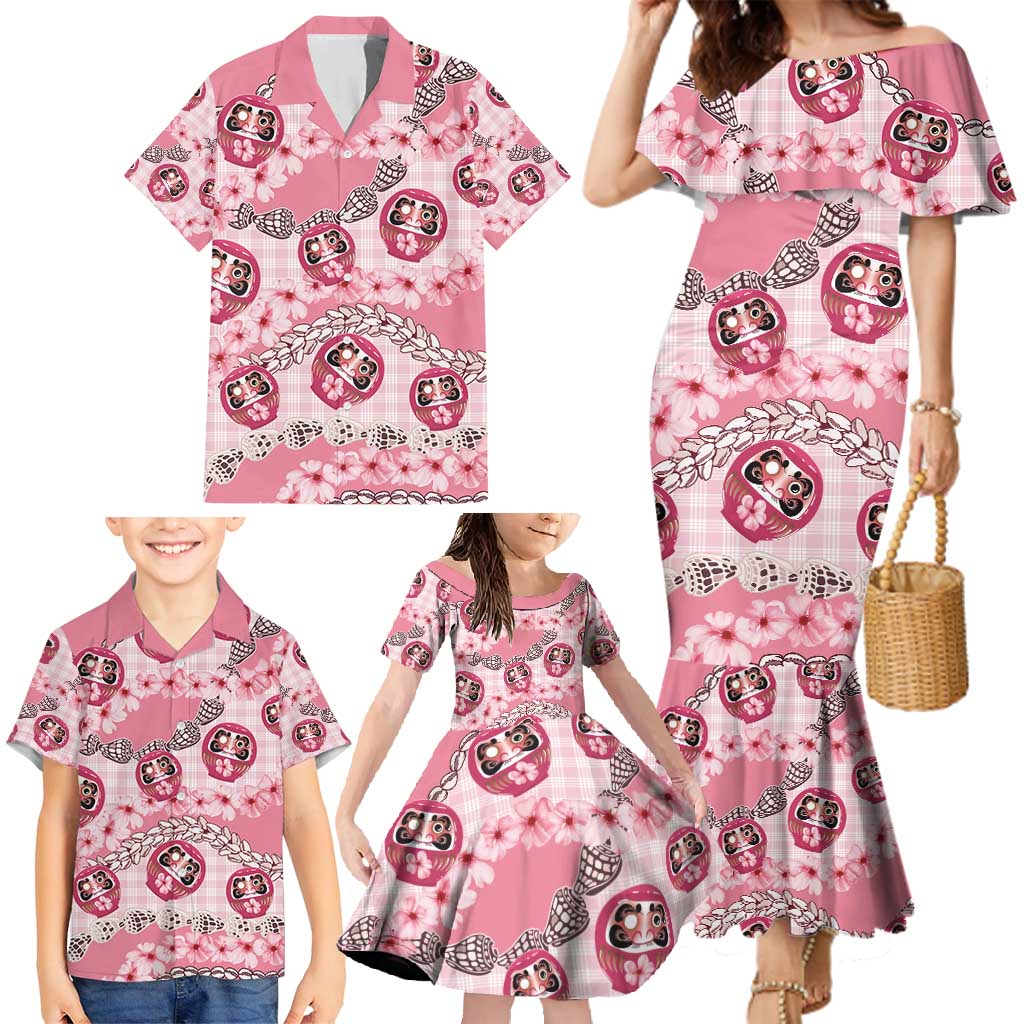 Japanese Daruma Doll Palaka Family Matching Mermaid Dress and Hawaiian Shirt Cherry Blossoms With Shell Lei - Wonder Print Shop