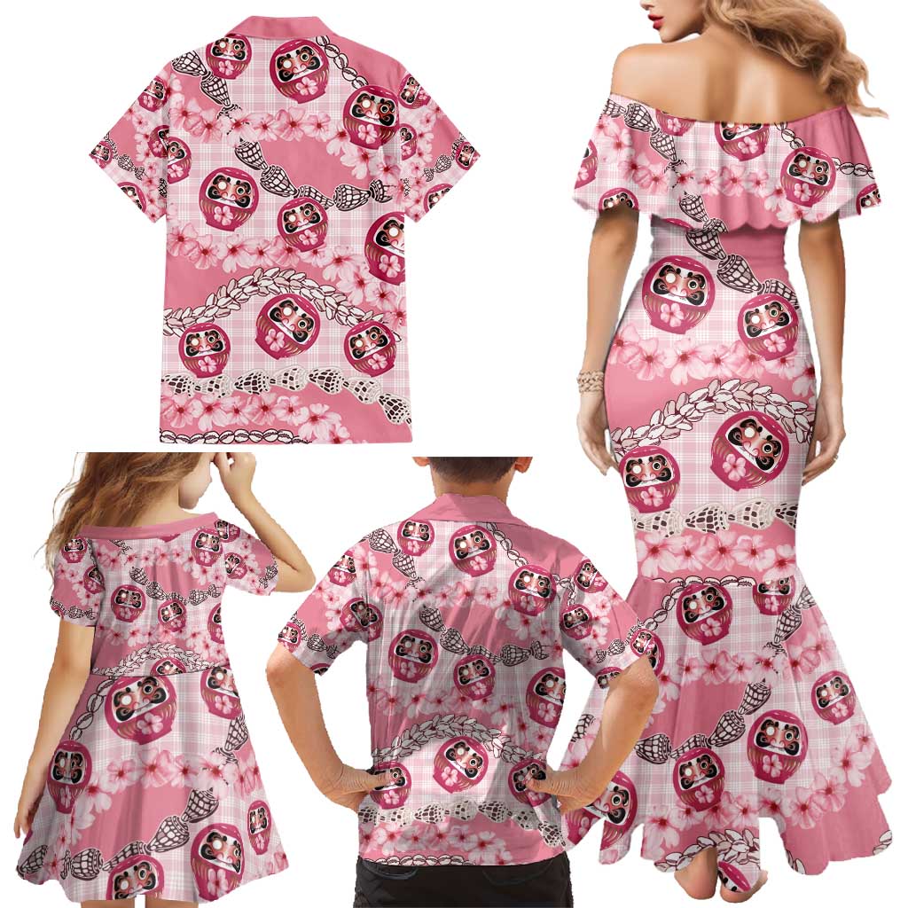 Japanese Daruma Doll Palaka Family Matching Mermaid Dress and Hawaiian Shirt Cherry Blossoms With Shell Lei - Wonder Print Shop