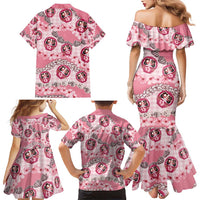 Japanese Daruma Doll Palaka Family Matching Mermaid Dress and Hawaiian Shirt Cherry Blossoms With Shell Lei - Wonder Print Shop