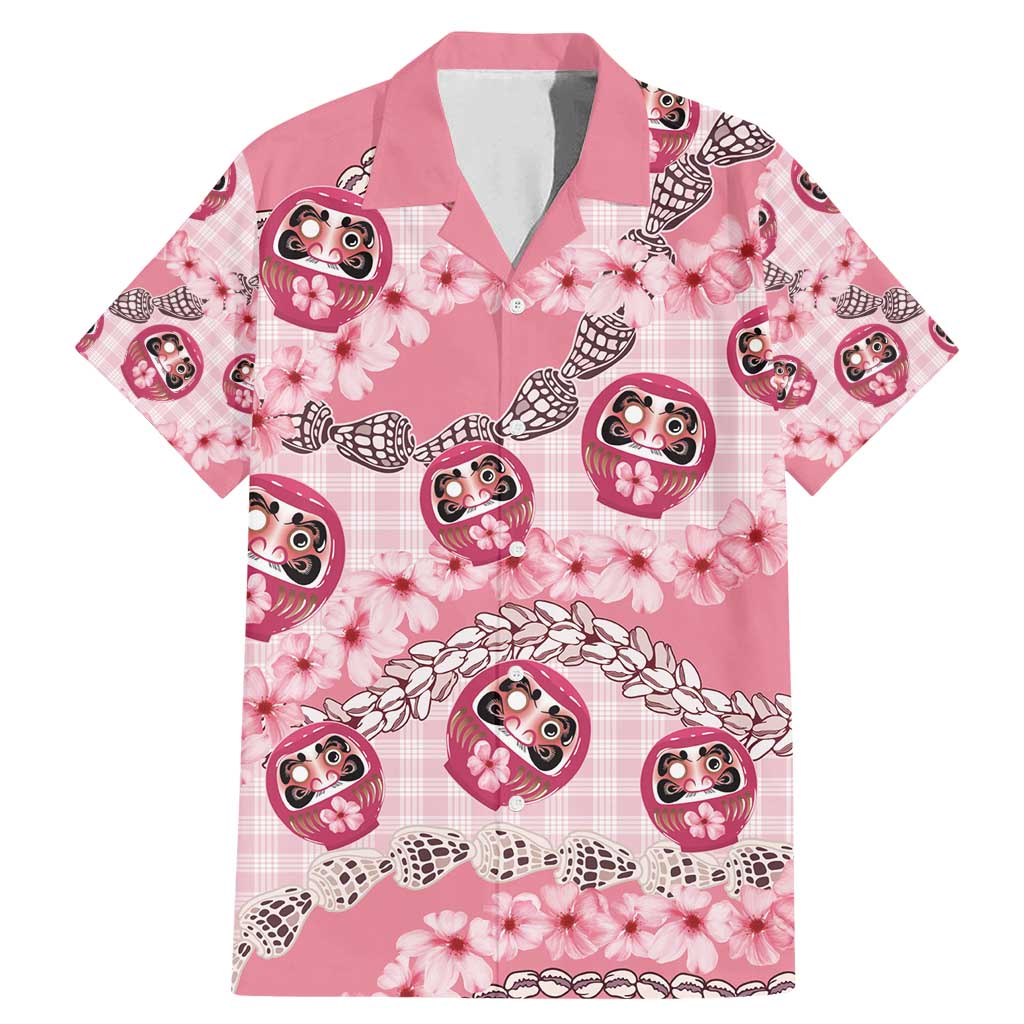 Japanese Daruma Doll Palaka Family Matching Mermaid Dress and Hawaiian Shirt Cherry Blossoms With Shell Lei - Wonder Print Shop