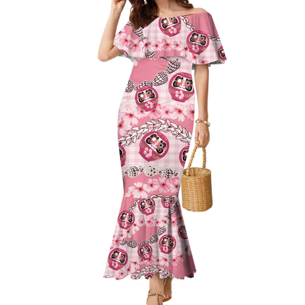 Japanese Daruma Doll Palaka Family Matching Mermaid Dress and Hawaiian Shirt Cherry Blossoms With Shell Lei - Wonder Print Shop
