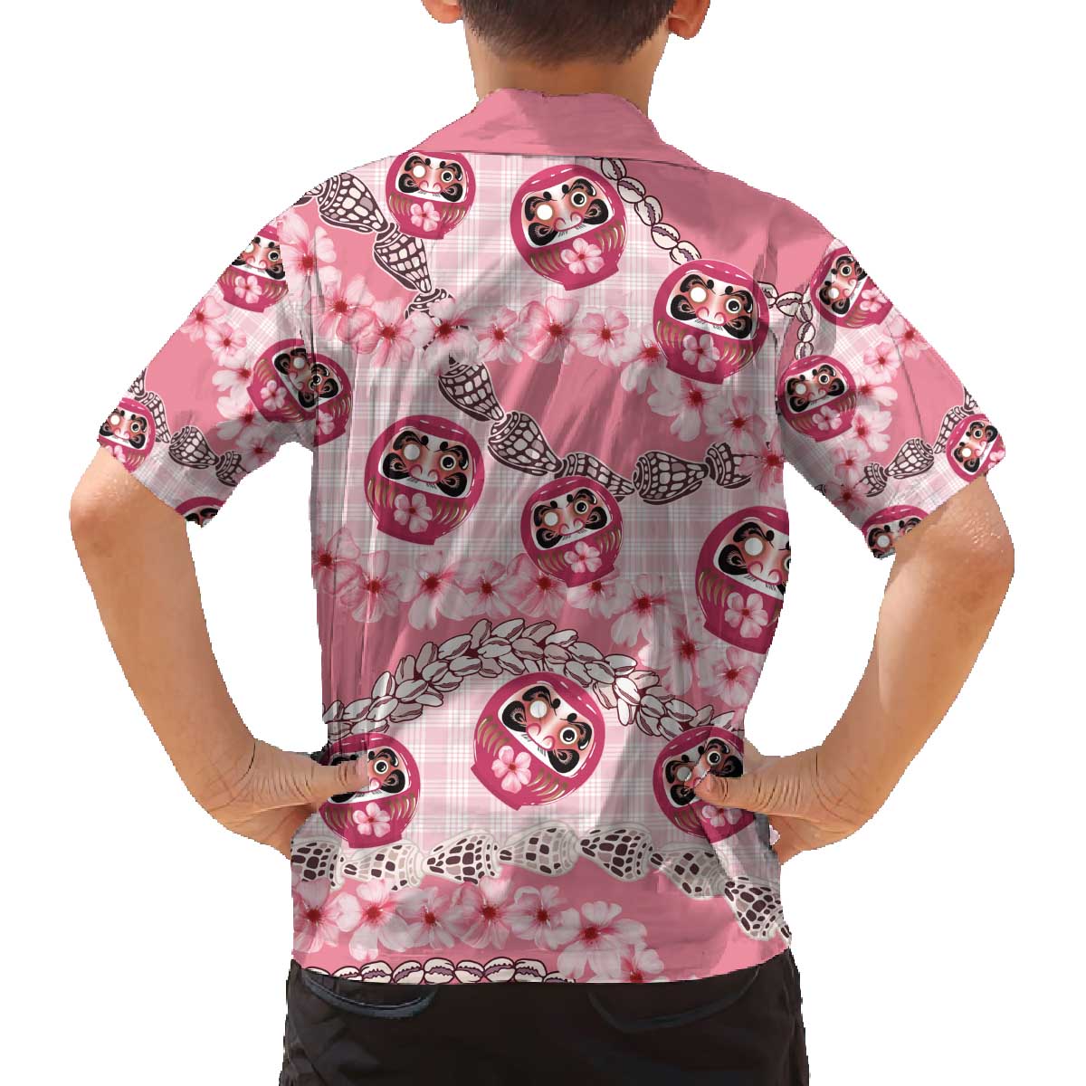 Japanese Daruma Doll Palaka Family Matching Off The Shoulder Long Sleeve Dress and Hawaiian Shirt Cherry Blossoms With Shell Lei - Wonder Print Shop