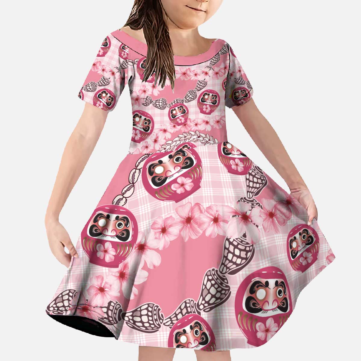 Japanese Daruma Doll Palaka Family Matching Off The Shoulder Long Sleeve Dress and Hawaiian Shirt Cherry Blossoms With Shell Lei - Wonder Print Shop