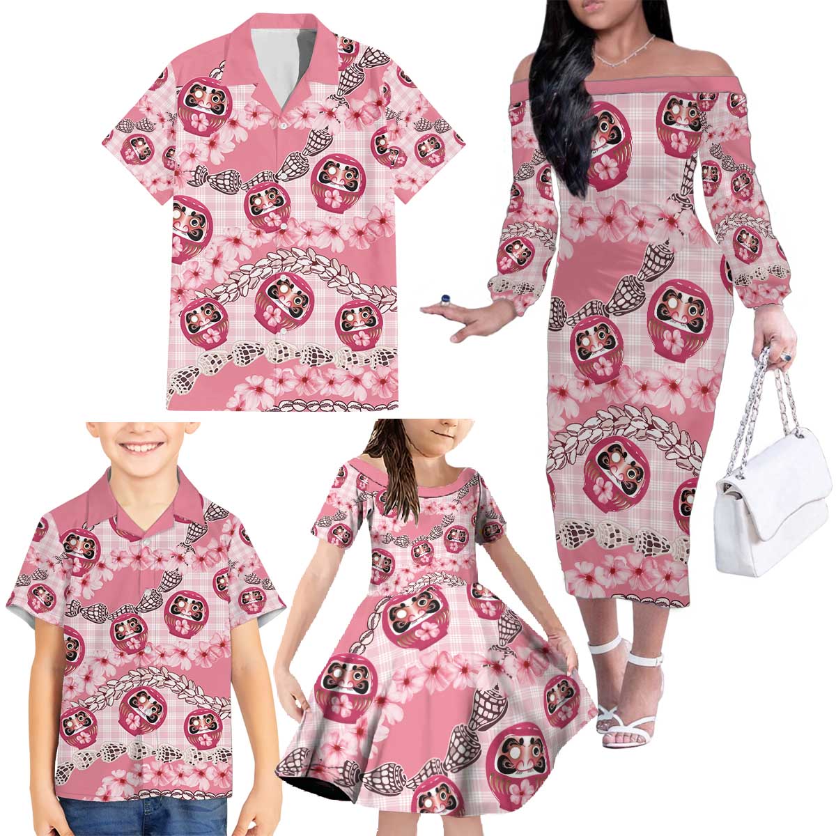 Japanese Daruma Doll Palaka Family Matching Off The Shoulder Long Sleeve Dress and Hawaiian Shirt Cherry Blossoms With Shell Lei - Wonder Print Shop