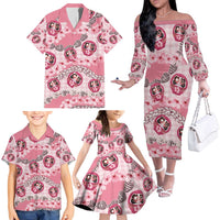 Japanese Daruma Doll Palaka Family Matching Off The Shoulder Long Sleeve Dress and Hawaiian Shirt Cherry Blossoms With Shell Lei - Wonder Print Shop